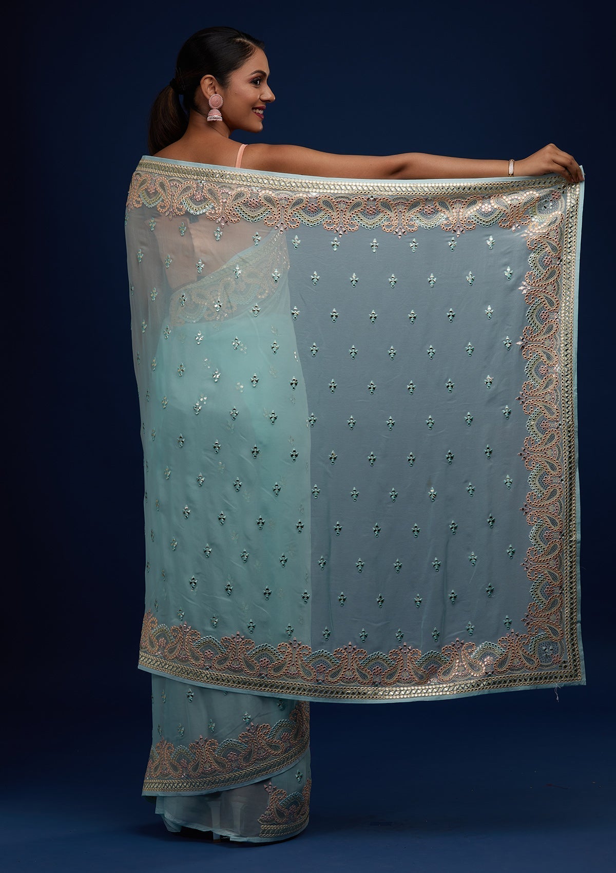 Sea Green Gotapatti Georgette Designer Saree - Koskii
