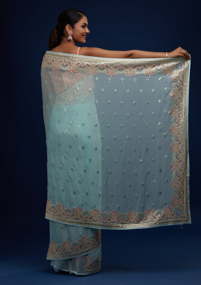 Sea Green Gotapatti Georgette Designer Saree - Koskii