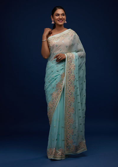 Sea Green Gotapatti Georgette Designer Saree - Koskii