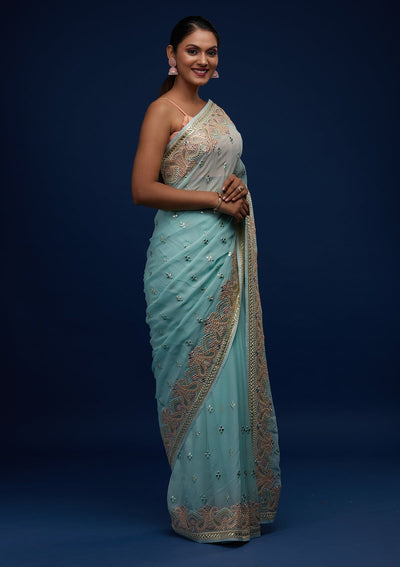 Sea Green Gotapatti Georgette Designer Saree - Koskii