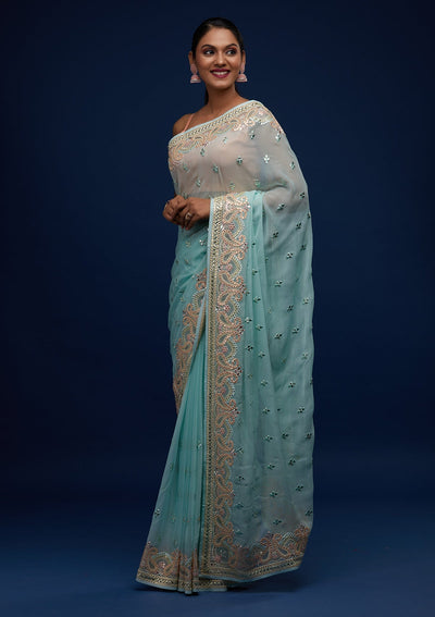 Sea Green Gotapatti Georgette Designer Saree - Koskii