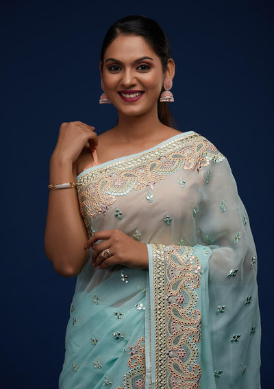 Sea Green Gotapatti Georgette Designer Saree - Koskii