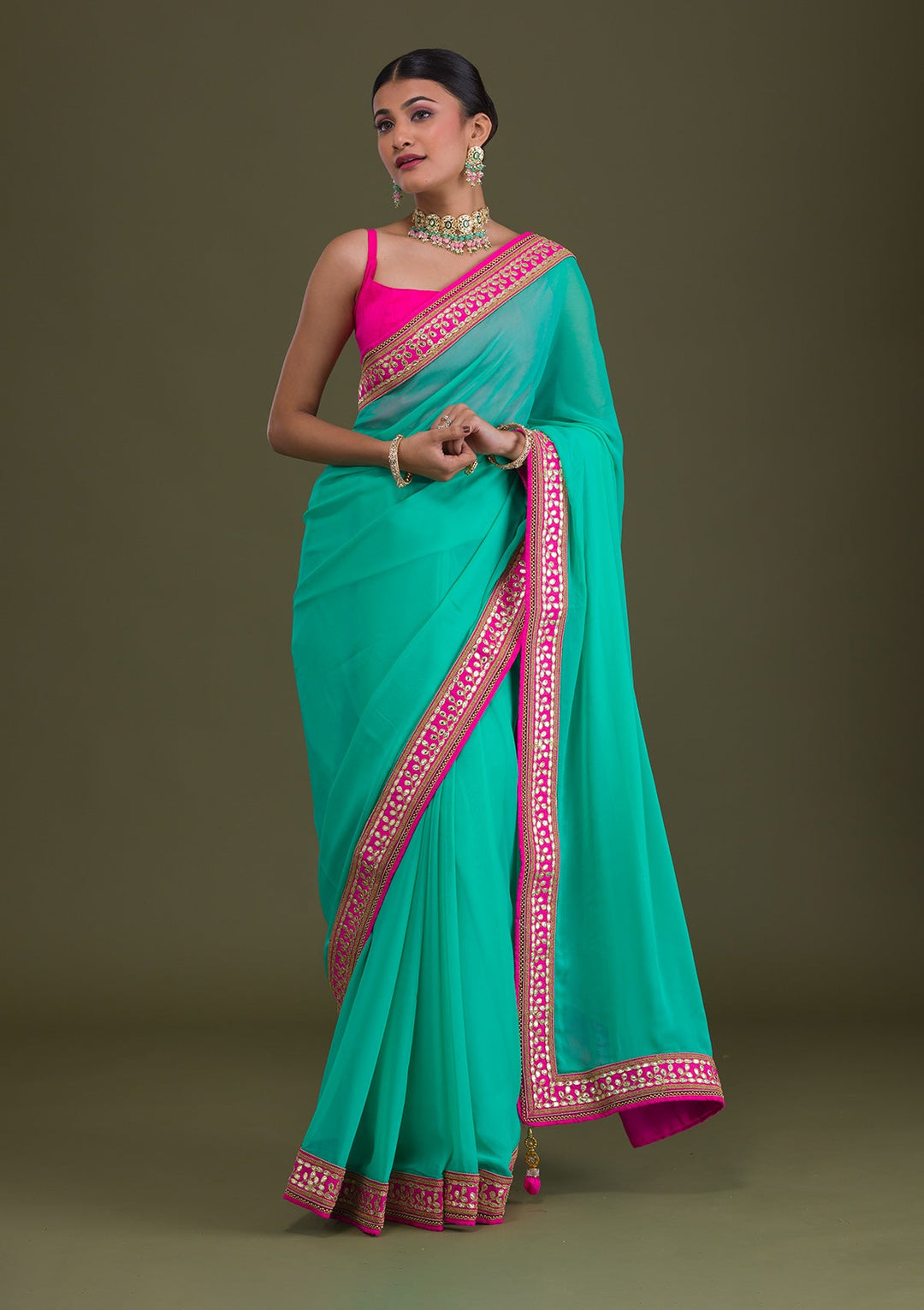 Sea Green Gotapatti Georgette Saree-Koskii