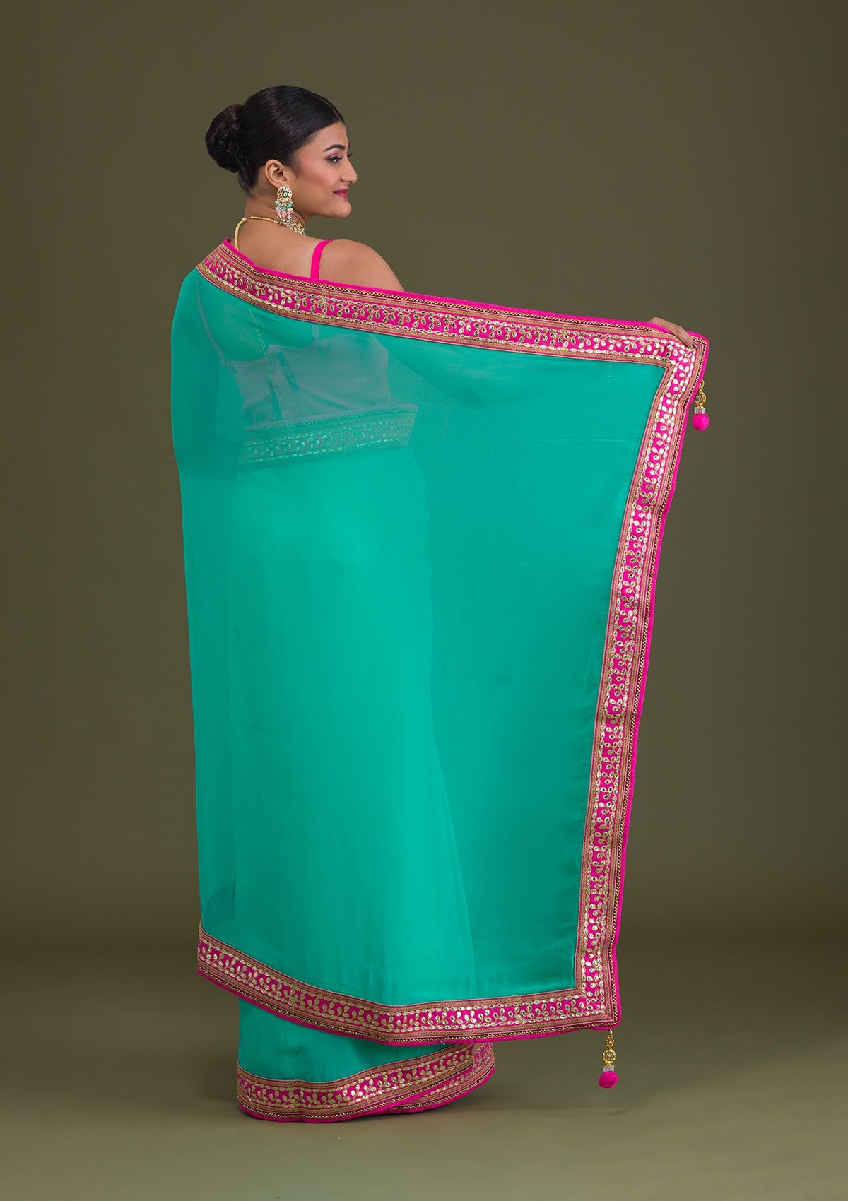 Sea Green Gotapatti Georgette Unstitched Saree-Koskii