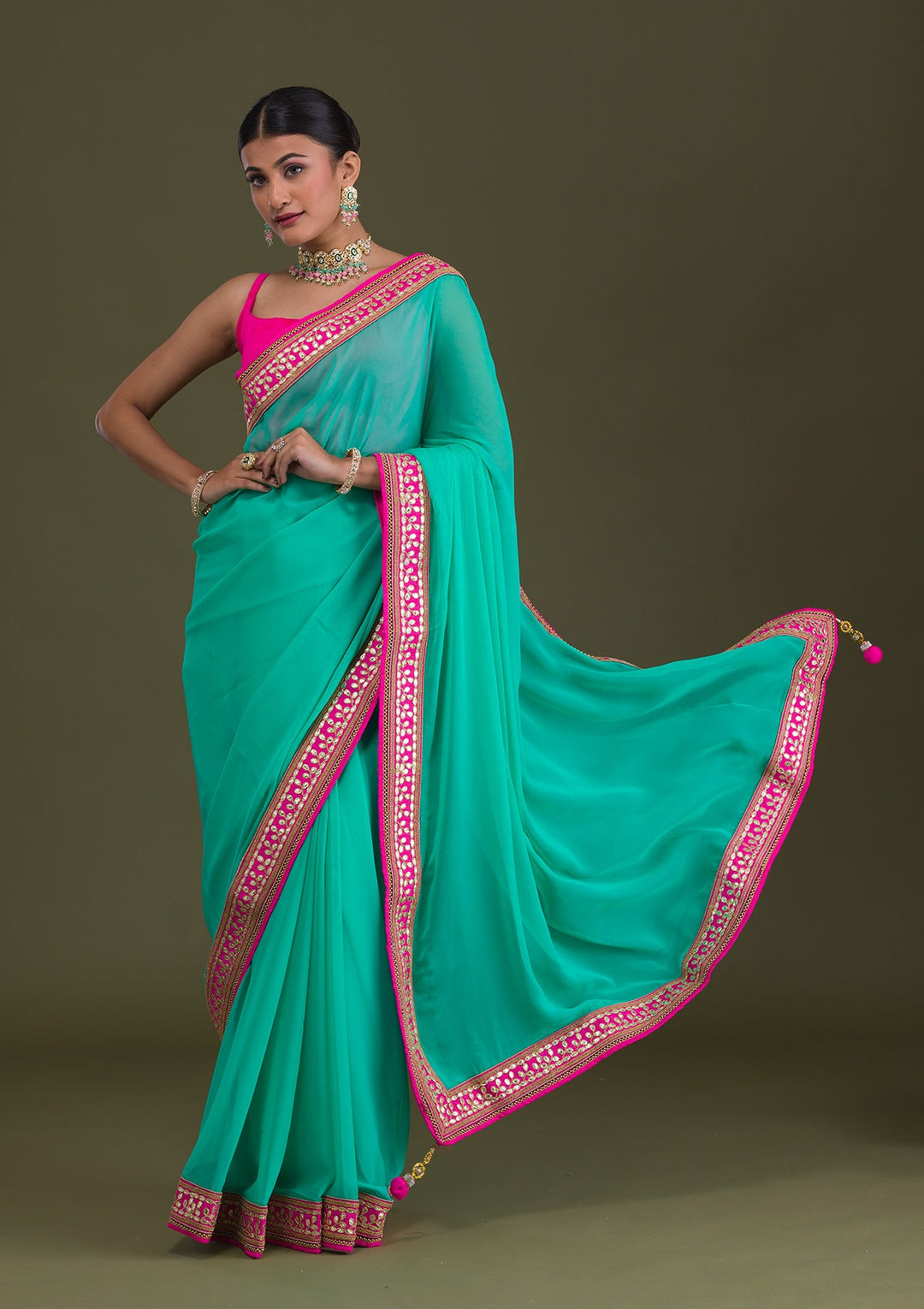 Sea Green Gotapatti Georgette Unstitched Saree-Koskii