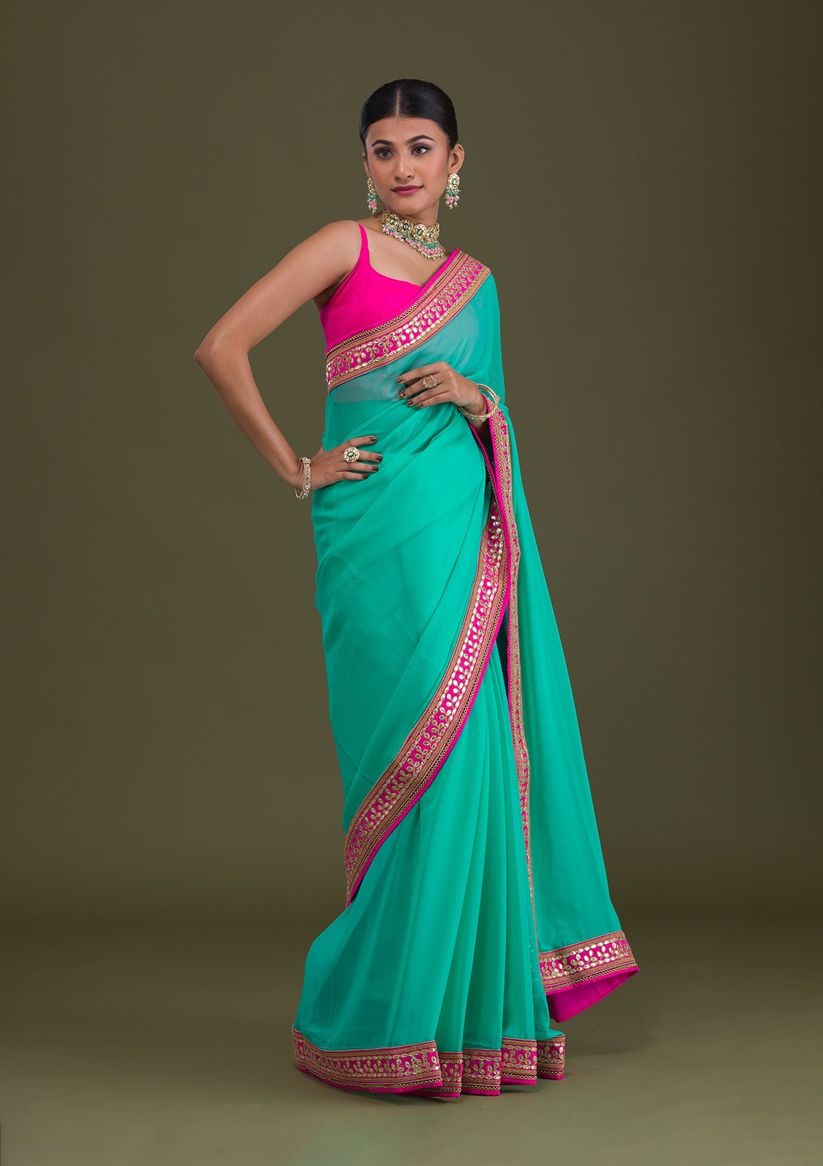 Sea Green Gotapatti Georgette Unstitched Saree-Koskii