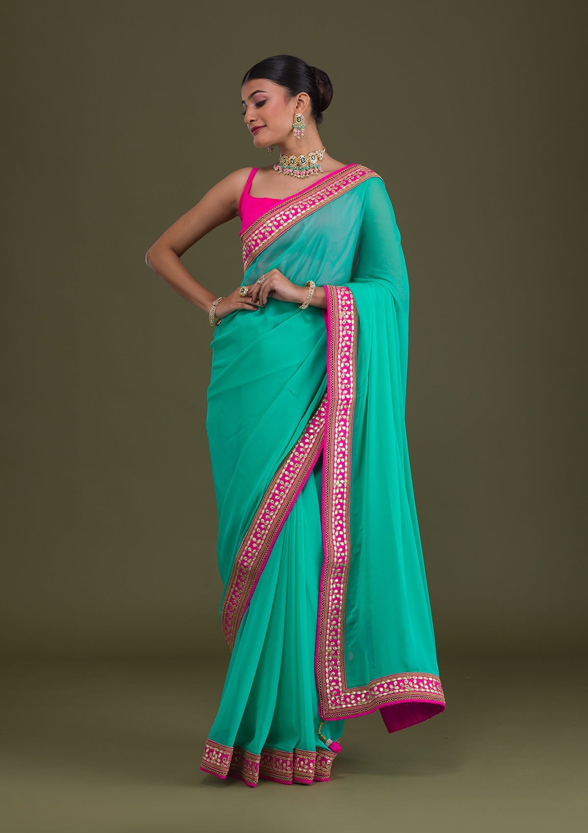 Sea Green Gotapatti Georgette Unstitched Saree-Koskii