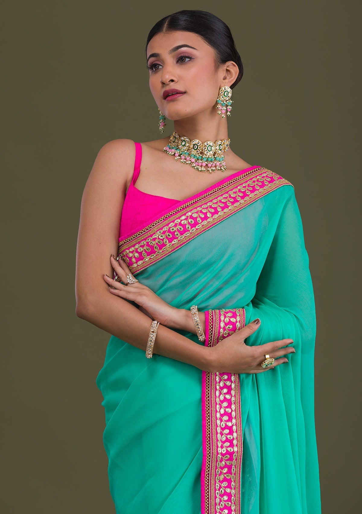 Sea Green Gotapatti Georgette Unstitched Saree-Koskii