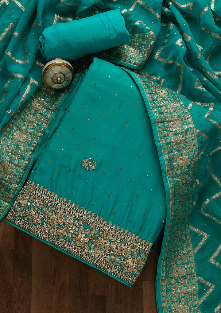 Sea Green Gotapatti Semi Crepe Unstitched Salwar Suit-Koskii