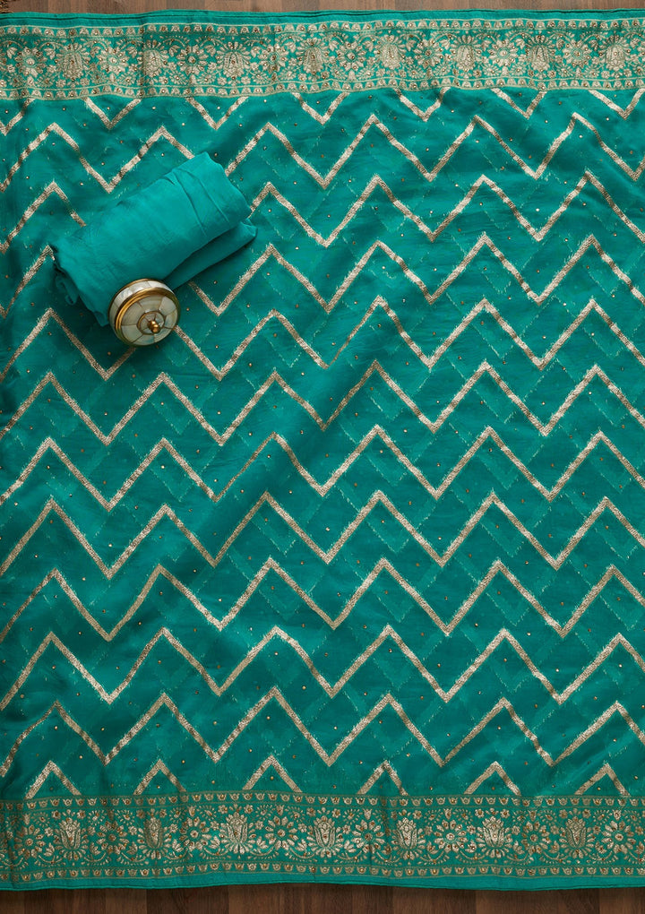 Sea Green Gotapatti Semi Crepe Unstitched Salwar Suit-Koskii