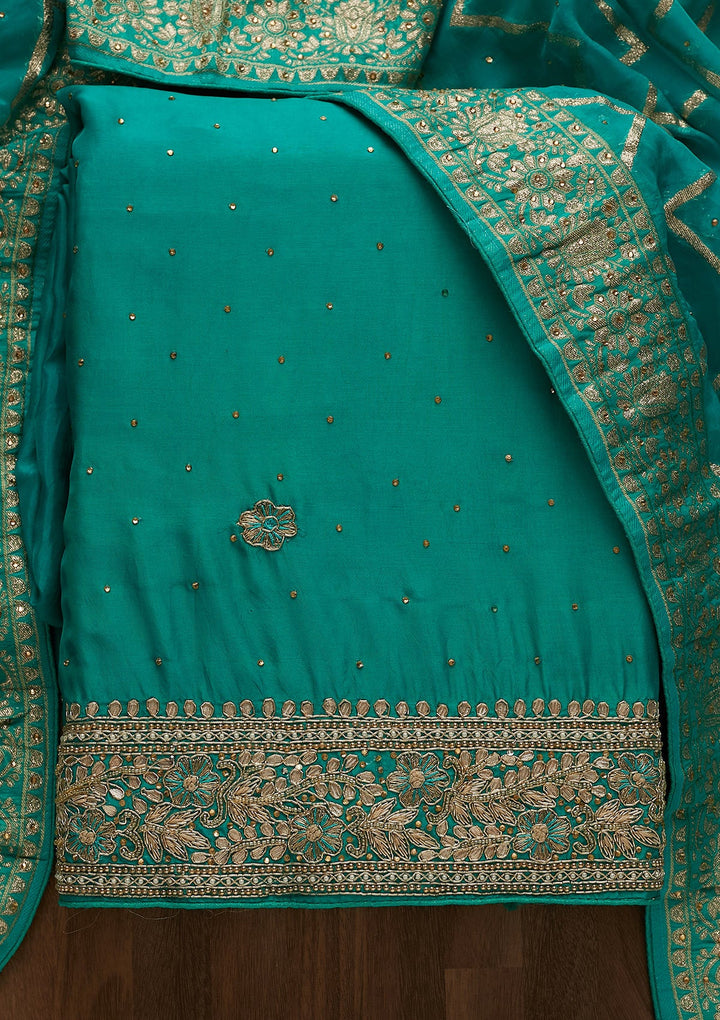 Sea Green Gotapatti Semi Crepe Unstitched Salwar Suit-Koskii
