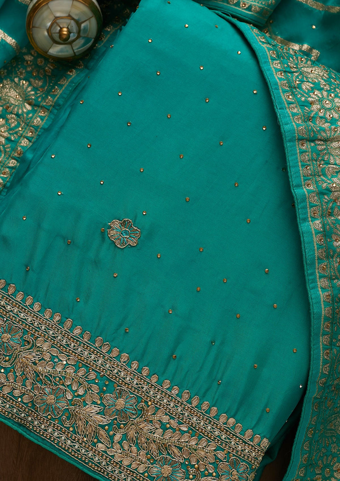 Sea Green Gotapatti Semi Crepe Unstitched Salwar Suit-Koskii