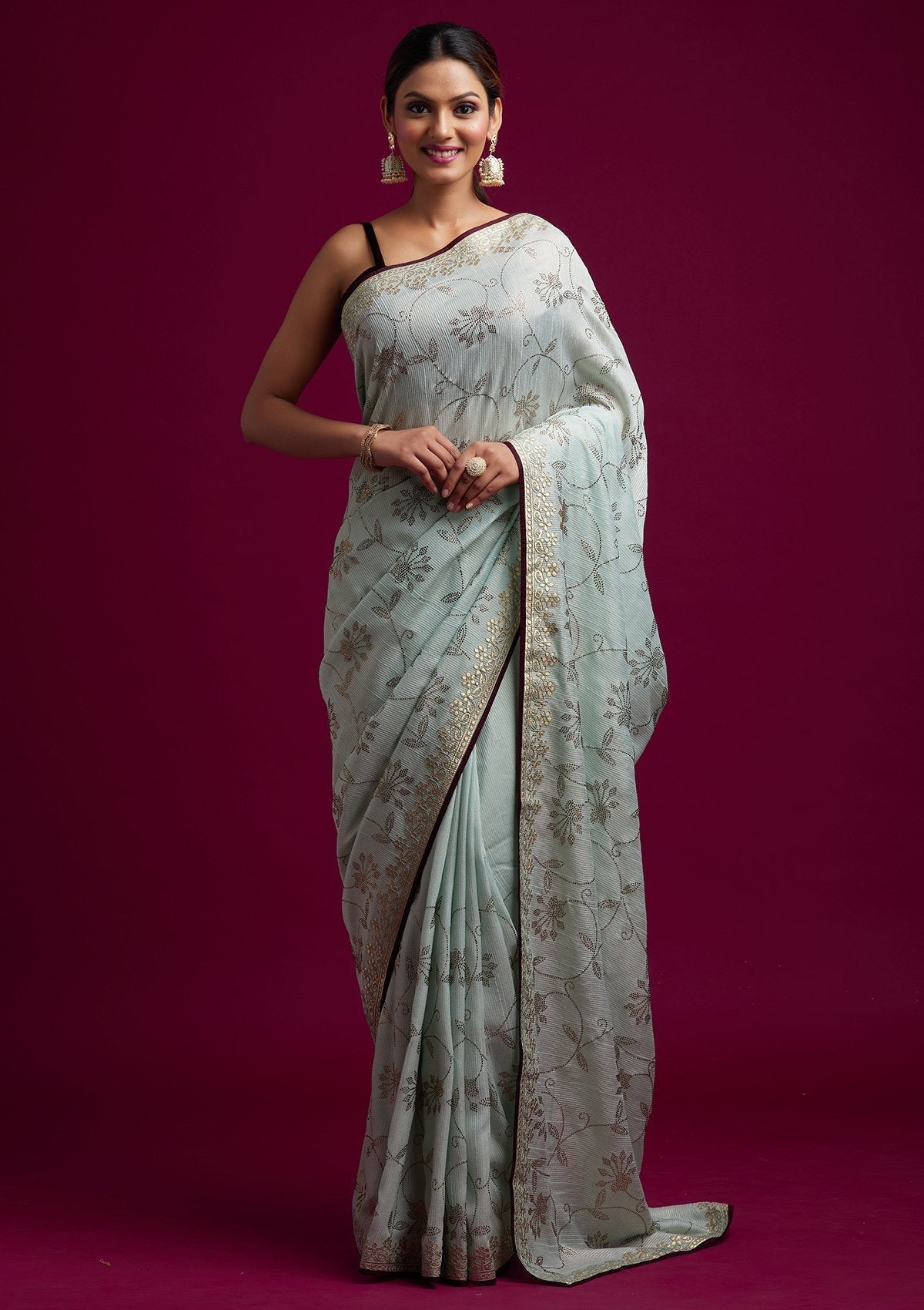 Sea Green Gotapatti Shimmer Designer Saree - koskii