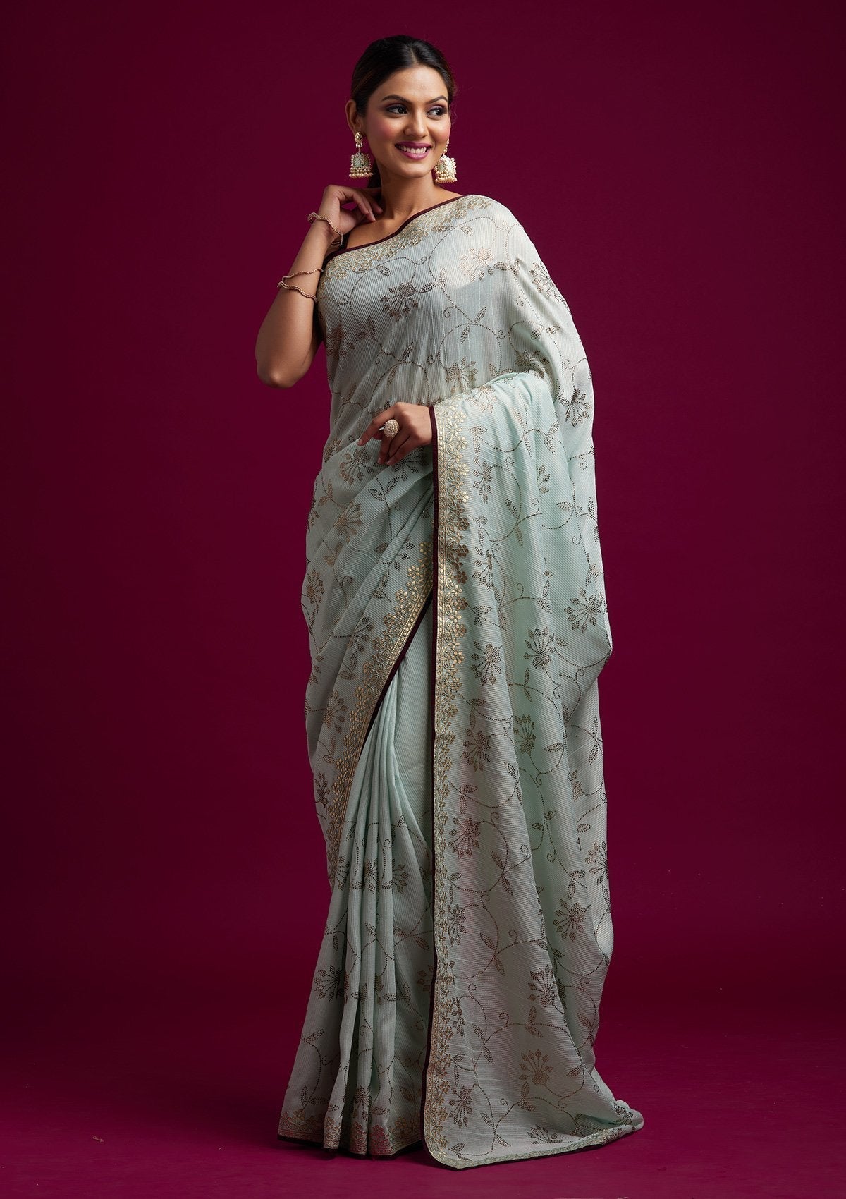 Sea Green Gotapatti Shimmer Designer Saree - koskii