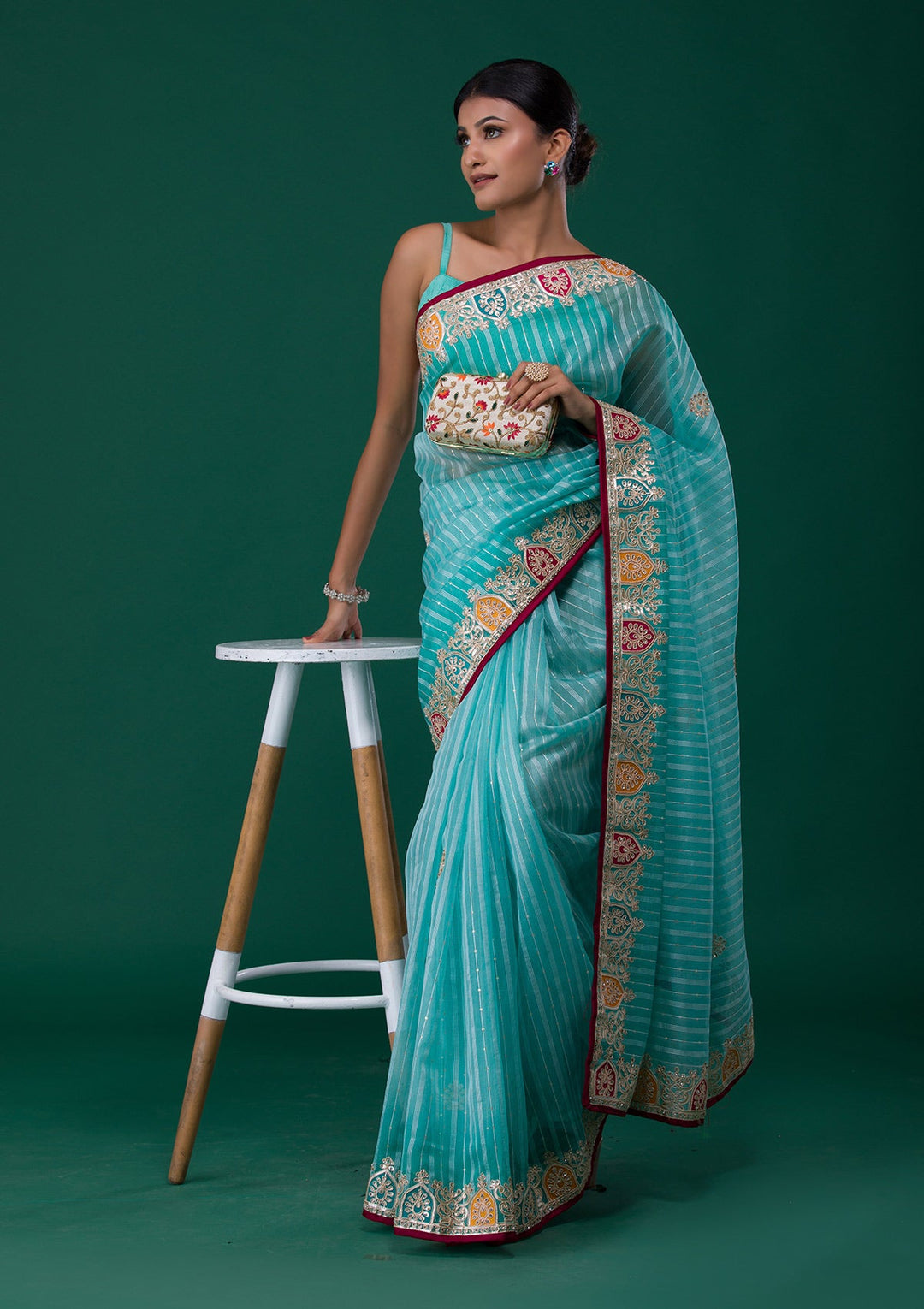 Sea Green Gotapatti Shimmer Saree-Koskii