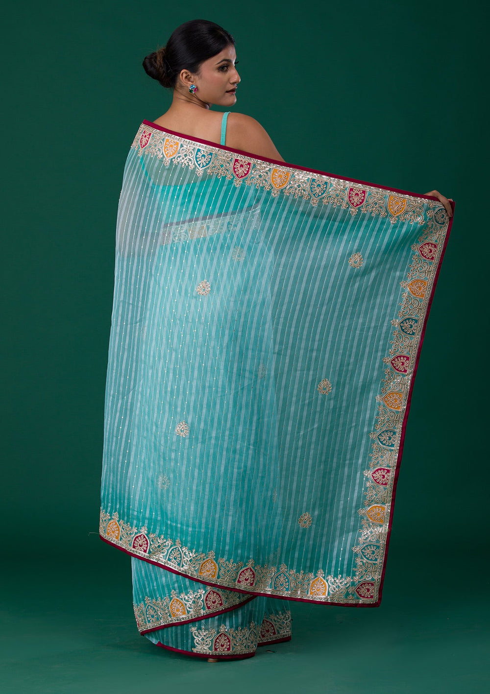 Sea Green Gotapatti Shimmer Saree-Koskii