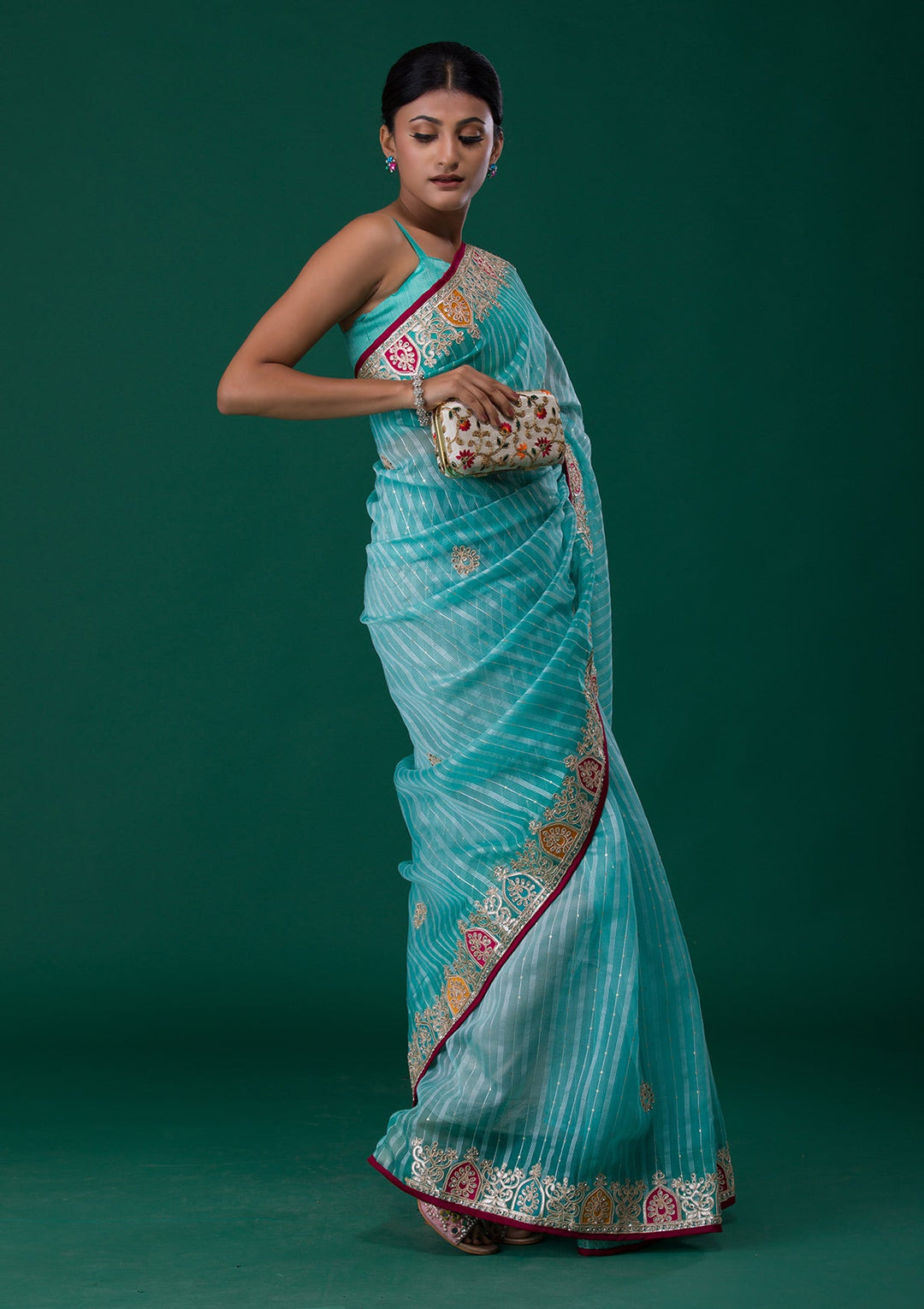 Sea Green Gotapatti Shimmer Saree-Koskii