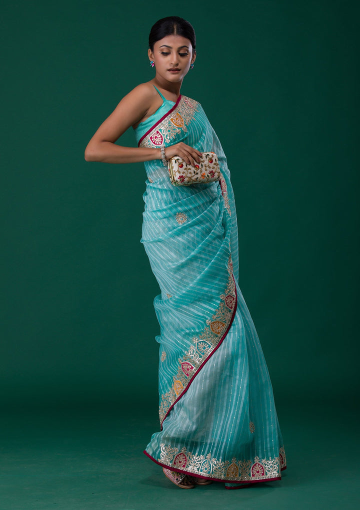 Sea Green Gotapatti Shimmer Saree-Koskii