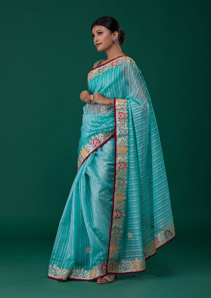 Sea Green Gotapatti Shimmer Saree-Koskii