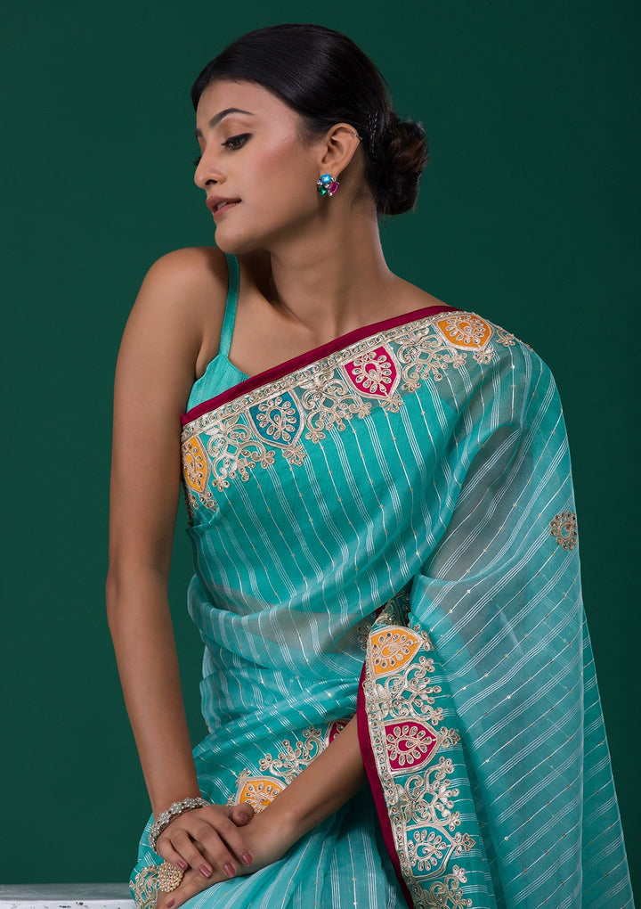 Sea Green Gotapatti Shimmer Saree-Koskii