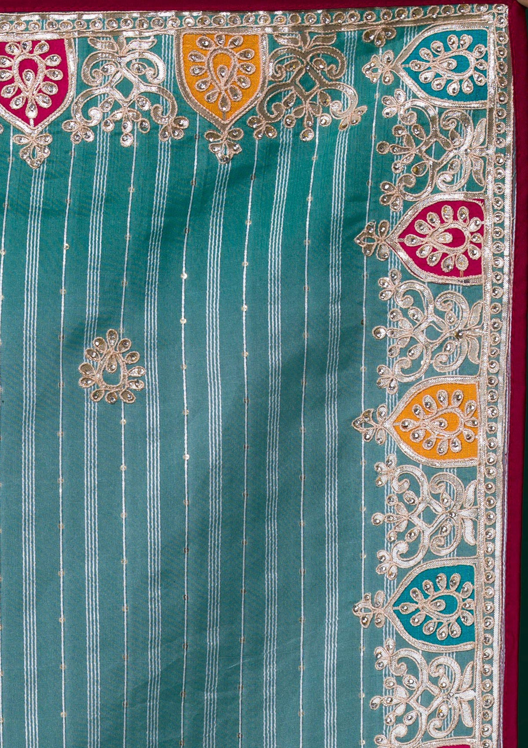 Sea Green Gotapatti Shimmer Saree-Koskii