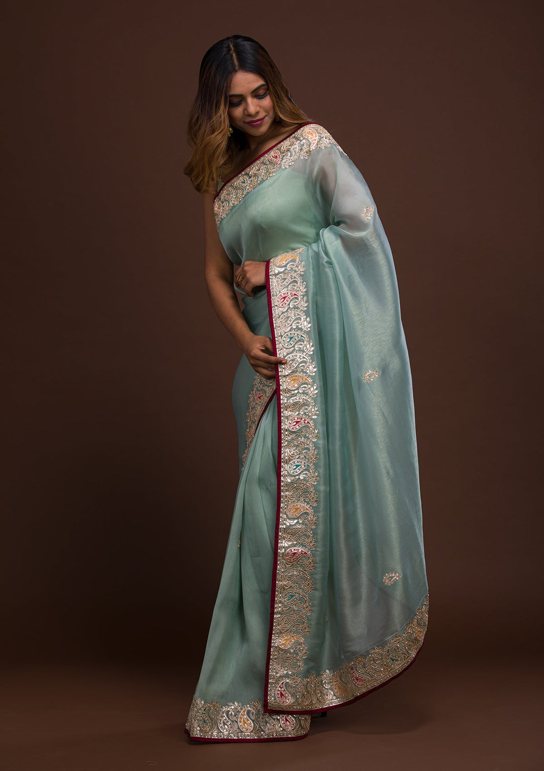 Sea Green Gotapatti Shimmer Saree-Koskii