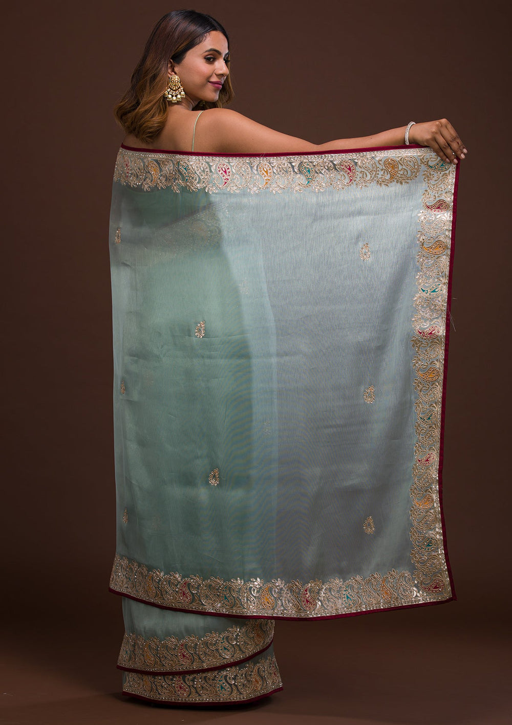 Sea Green Gotapatti Shimmer Saree-Koskii