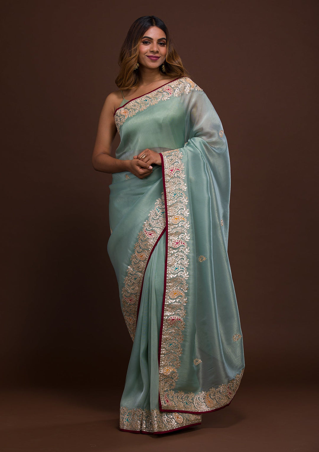 Sea Green Gotapatti Shimmer Saree-Koskii