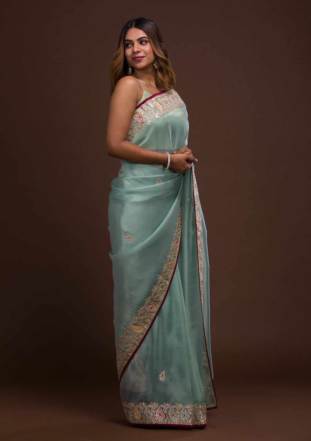 Sea Green Gotapatti Shimmer Saree-Koskii