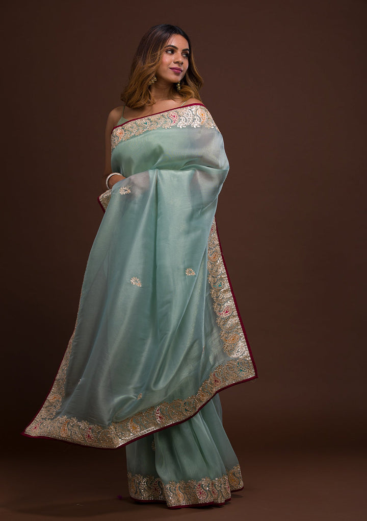 Sea Green Gotapatti Shimmer Saree-Koskii
