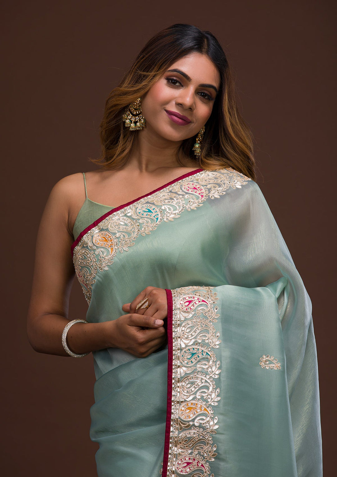 Sea Green Gotapatti Shimmer Saree-Koskii