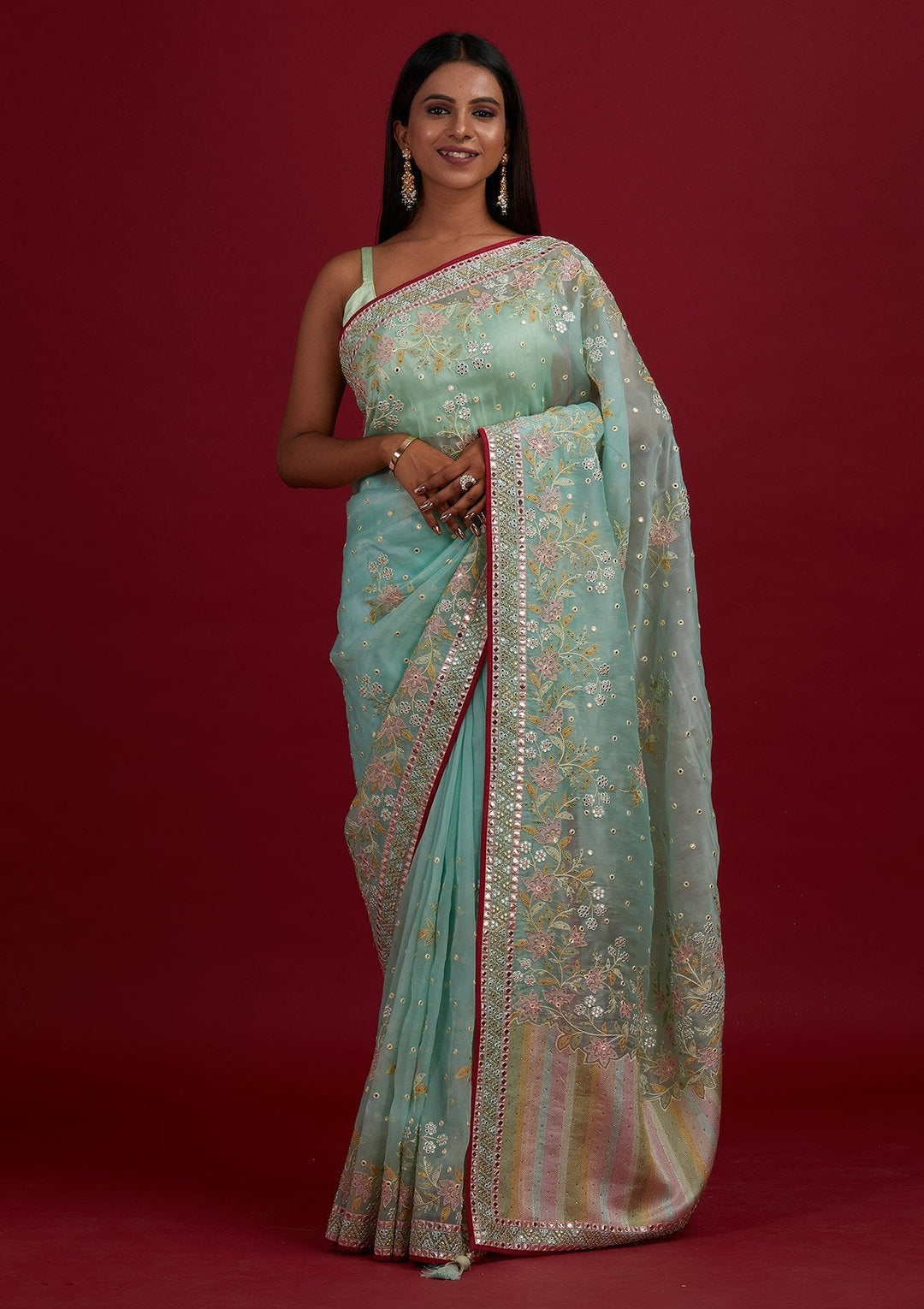 Sea Green Gotapatti Tissue Designer Saree - Koskii