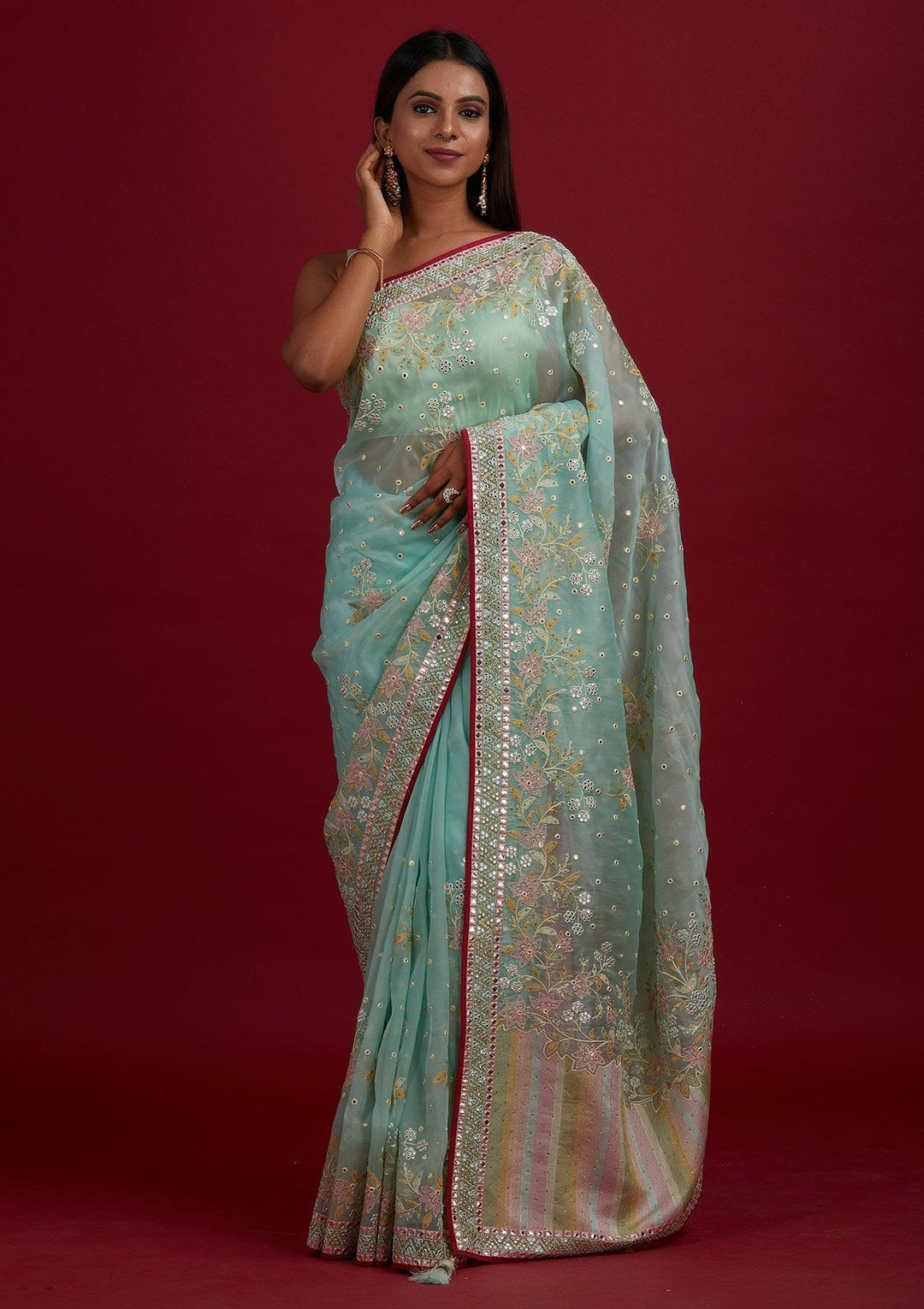 Sea Green Gotapatti Tissue Designer Saree - Koskii
