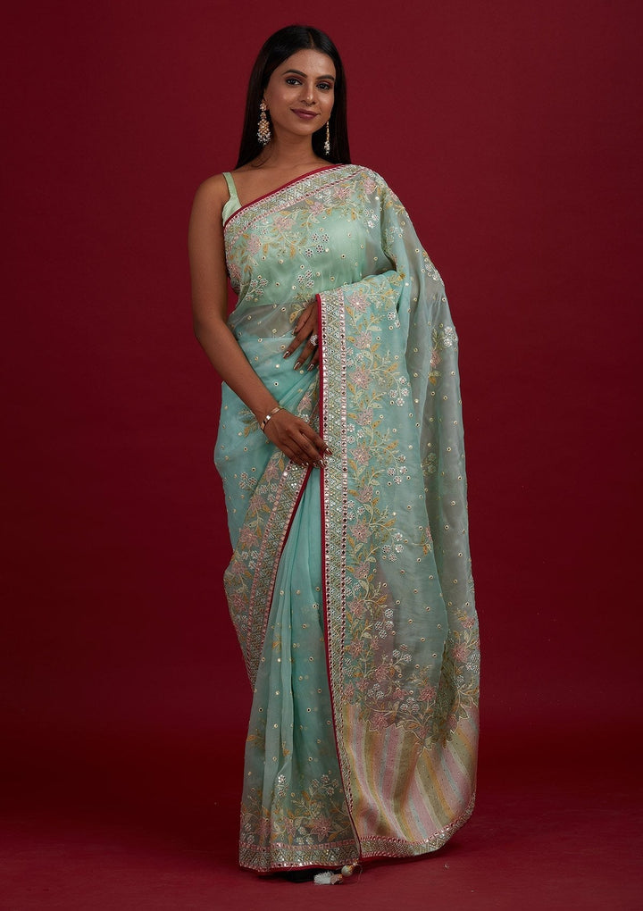 Sea Green Gotapatti Tissue Designer Saree - Koskii
