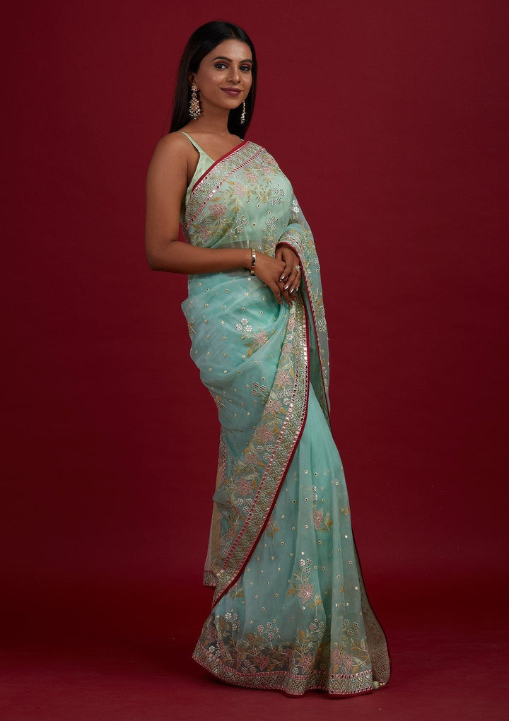 Sea Green Gotapatti Tissue Designer Saree - Koskii