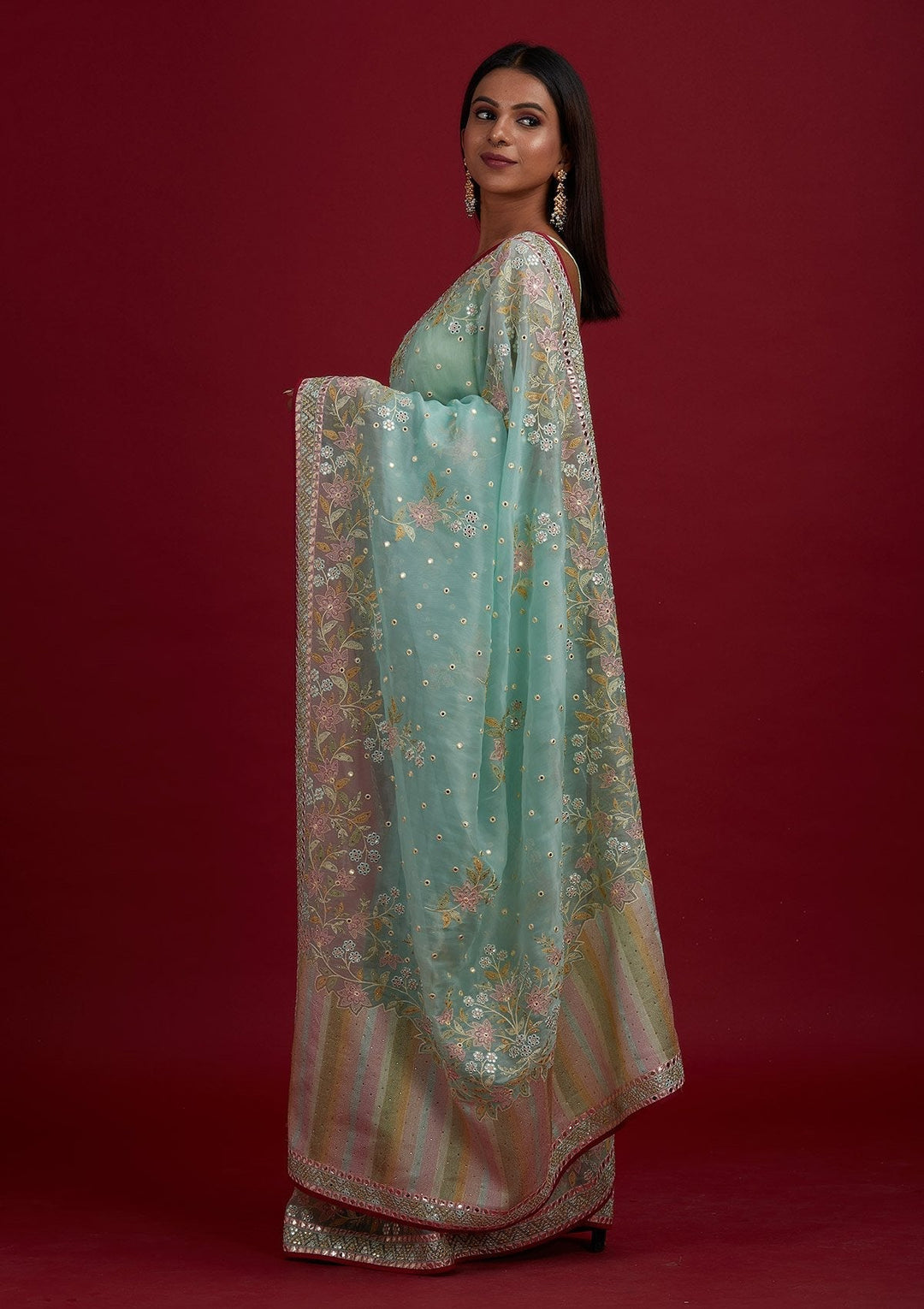 Sea Green Gotapatti Tissue Designer Saree - Koskii