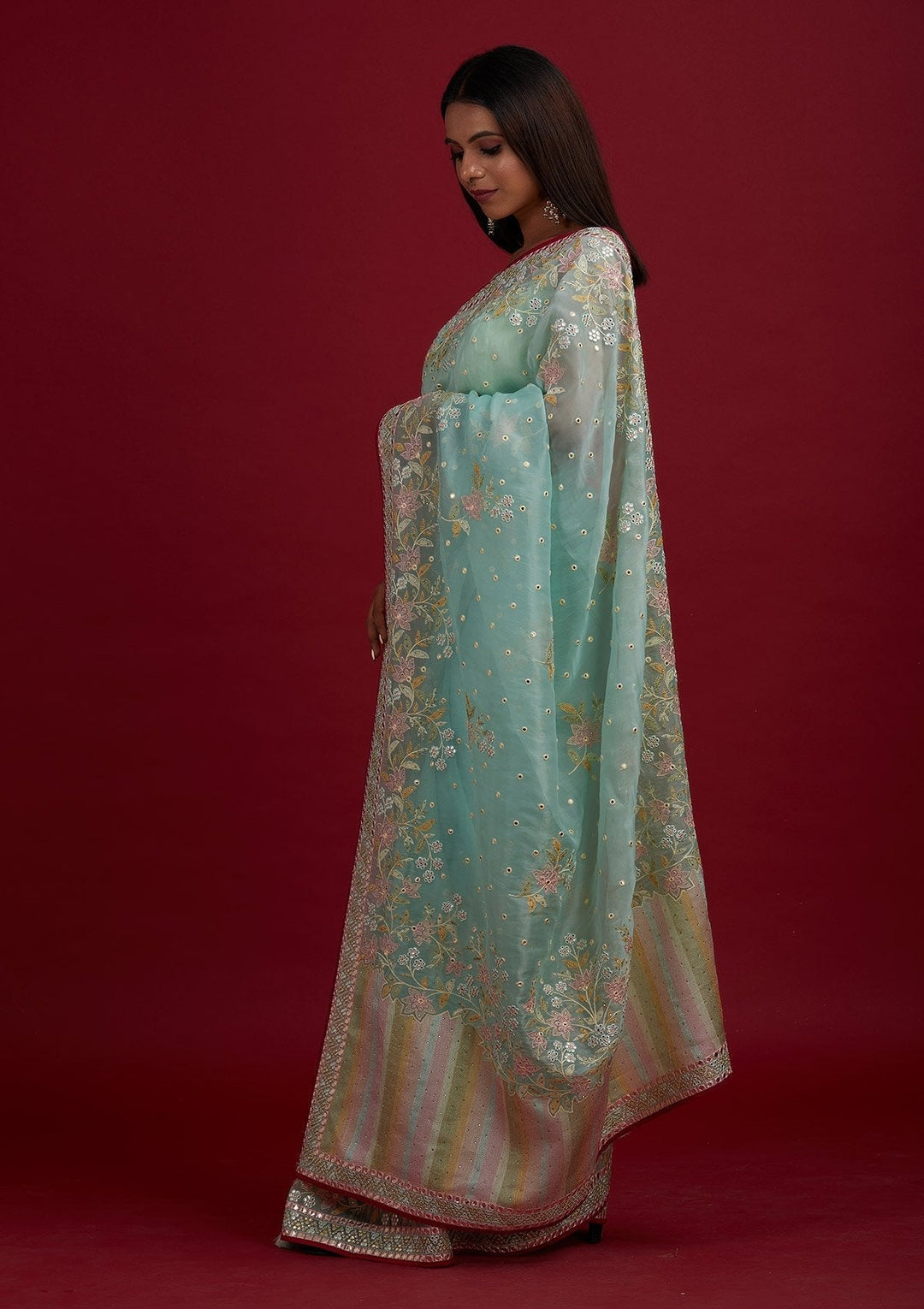 Sea Green Gotapatti Tissue Designer Saree - Koskii