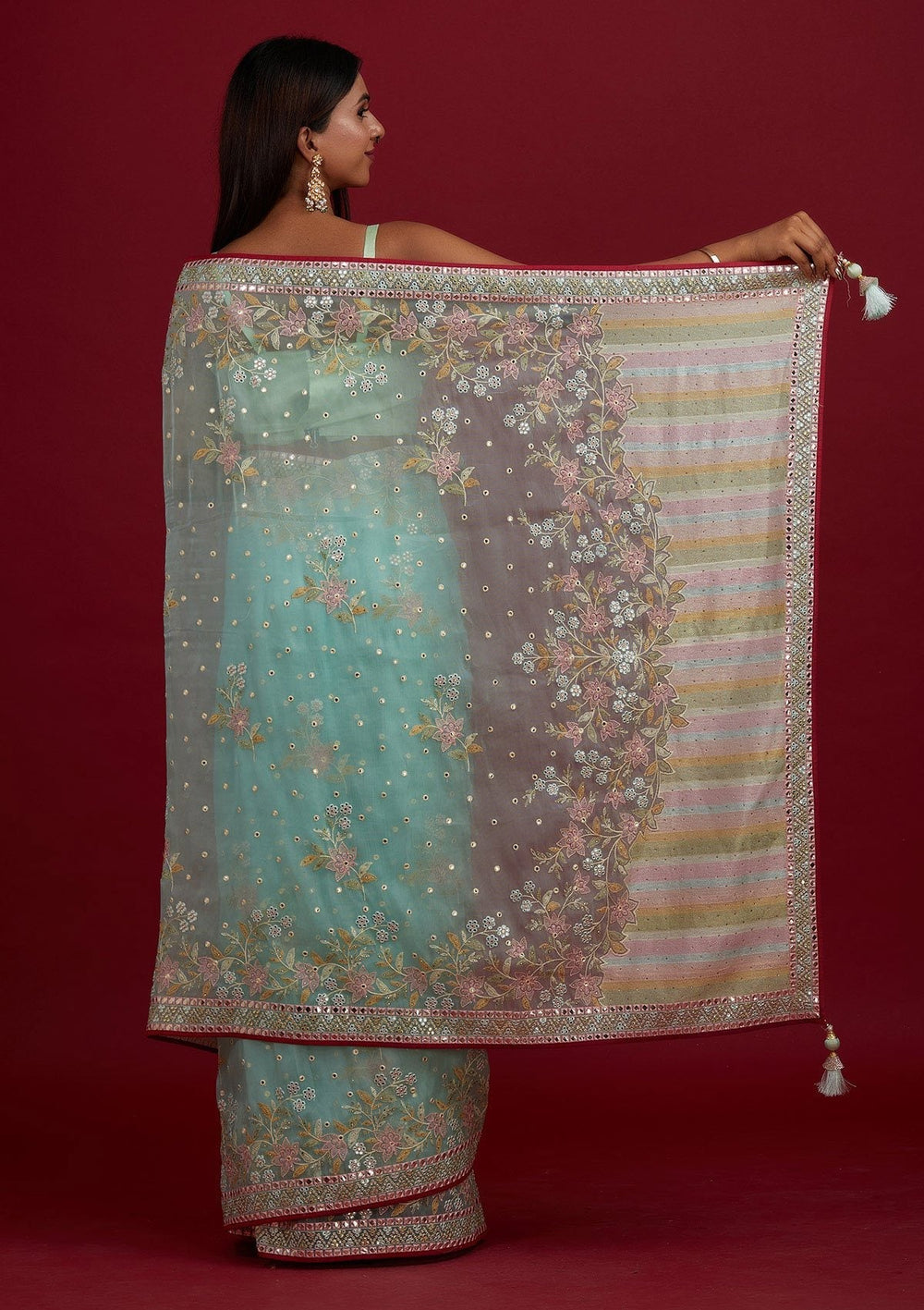 Sea Green Gotapatti Tissue Designer Saree - Koskii