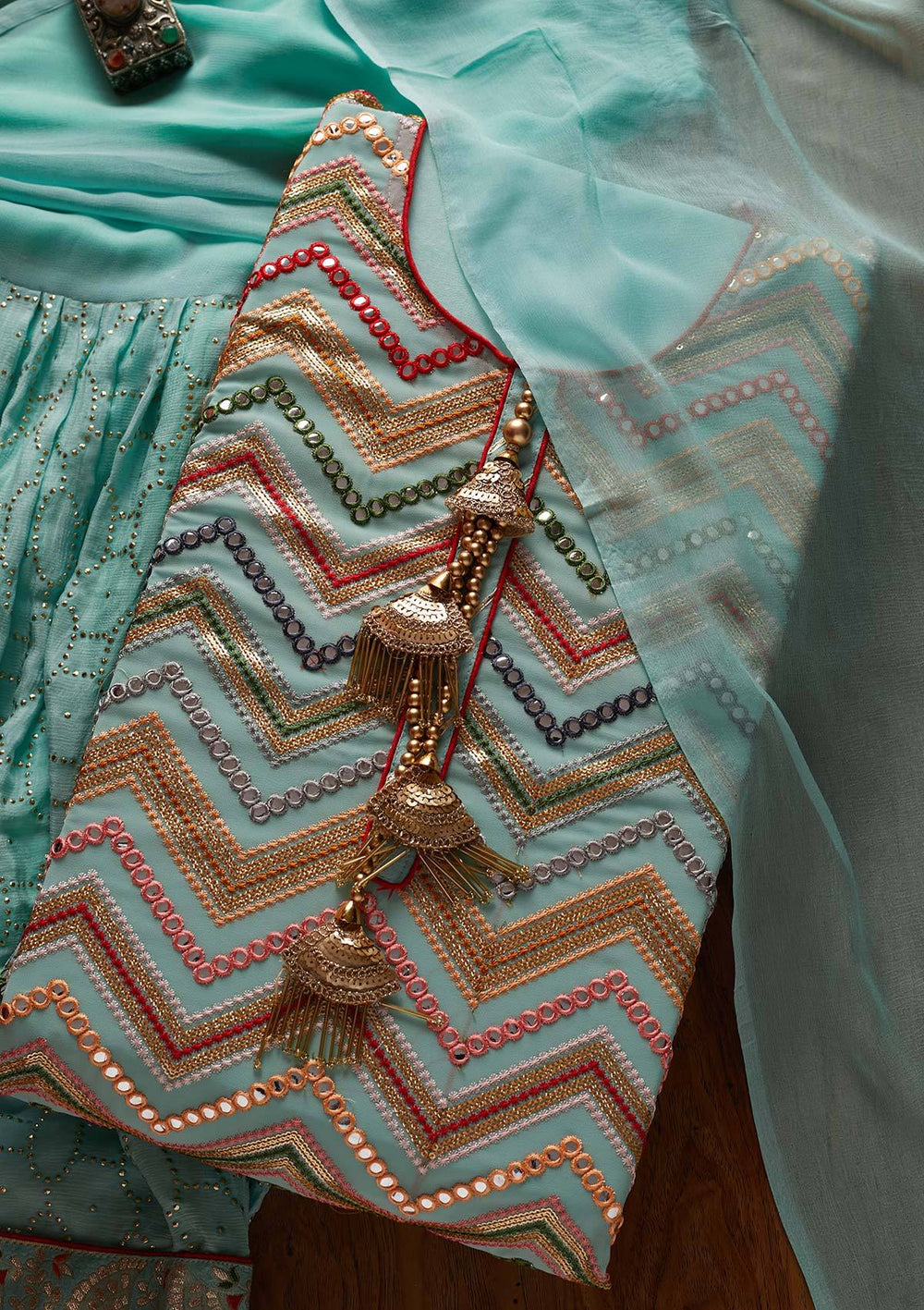 Sea Green Mirrorwork Georgette Designer Semi-Stitched Salwar Suit - koskii