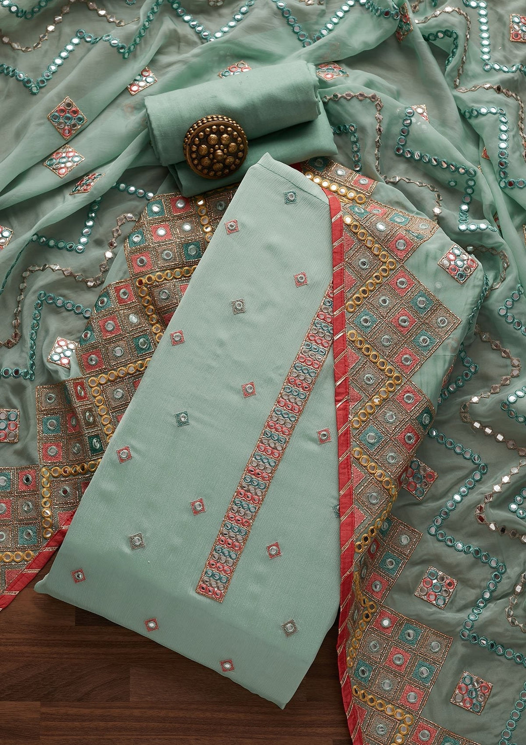 Sea Green Mirrorwork Georgette Designer Unstitched Salwar Suit - Koskii