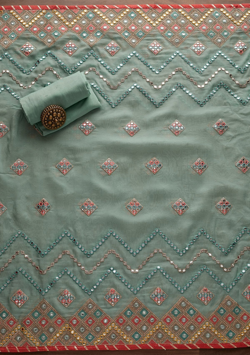 Sea Green Mirrorwork Georgette Designer Unstitched Salwar Suit - Koskii