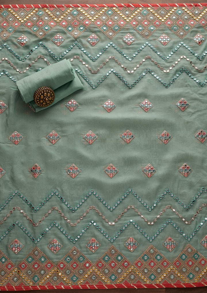 Sea Green Mirrorwork Georgette Designer Unstitched Salwar Suit - Koskii