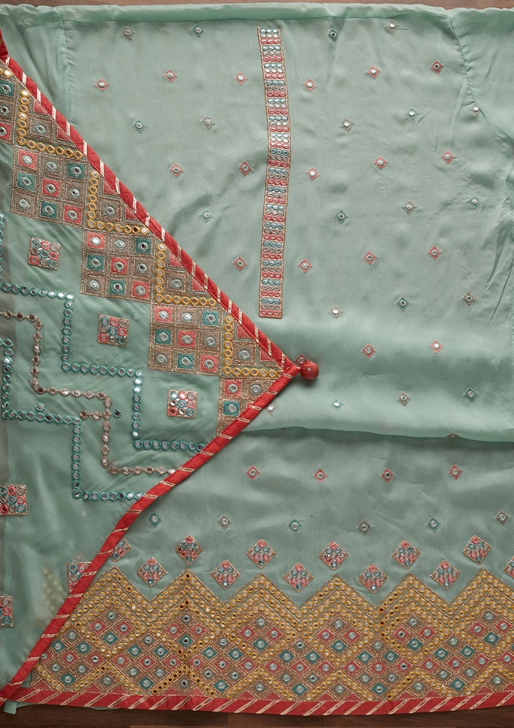 Sea Green Mirrorwork Georgette Designer Unstitched Salwar Suit - Koskii