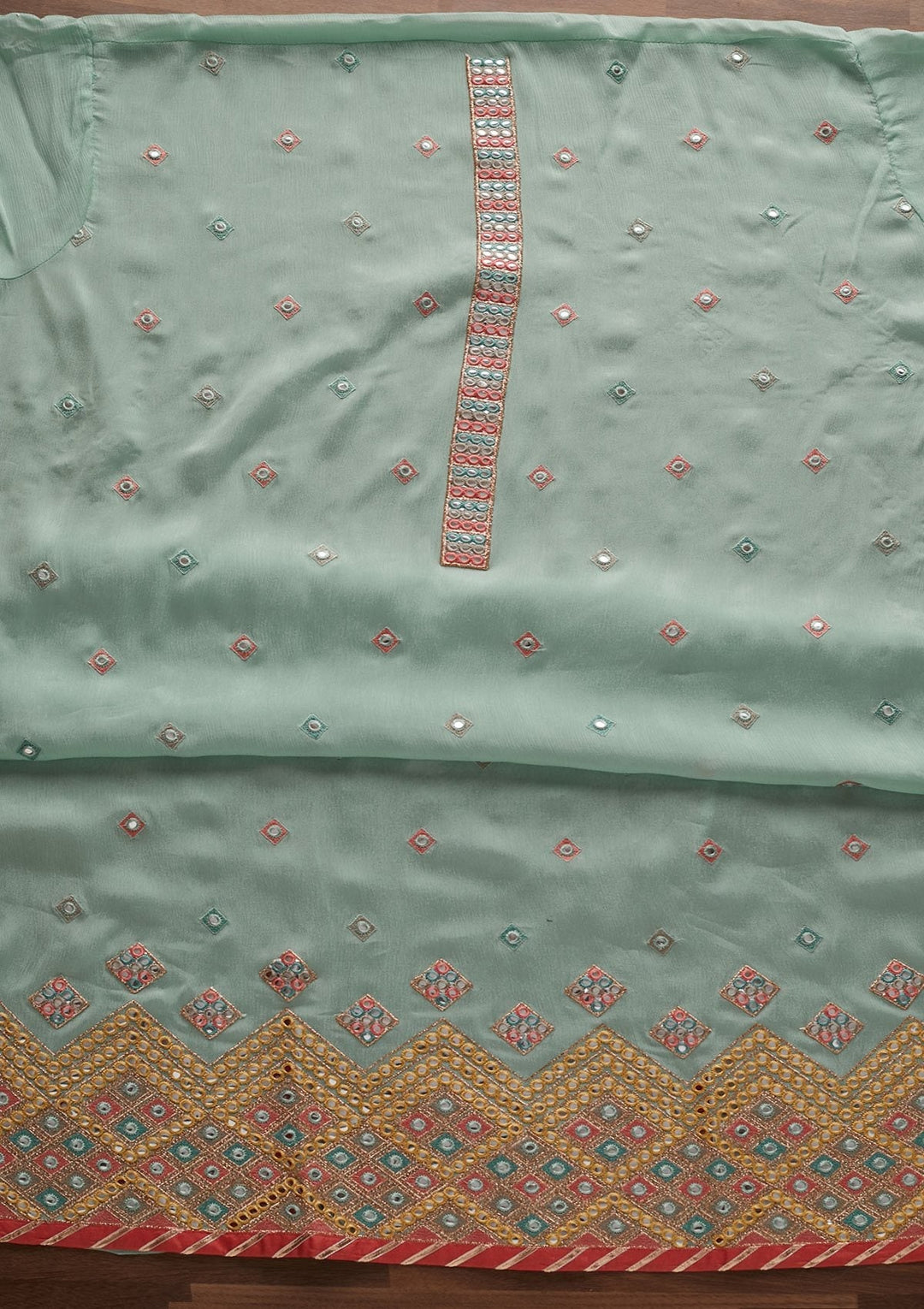 Sea Green Mirrorwork Georgette Designer Unstitched Salwar Suit - Koskii
