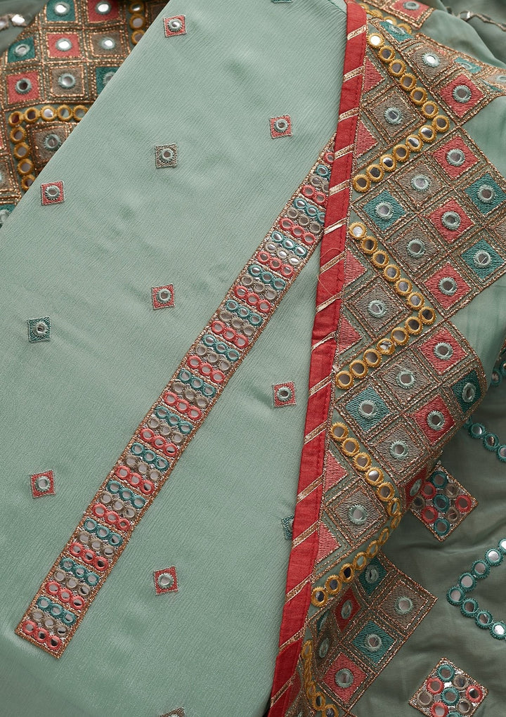 Sea Green Mirrorwork Georgette Designer Unstitched Salwar Suit - Koskii