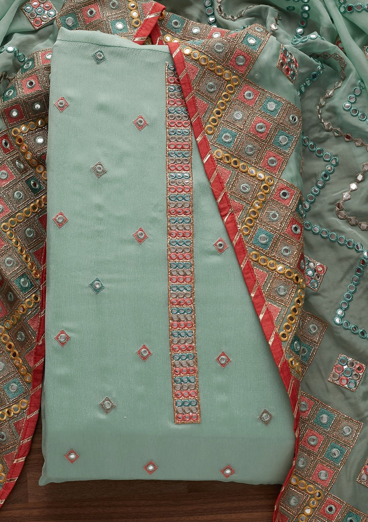 Sea Green Mirrorwork Georgette Designer Unstitched Salwar Suit - Koskii