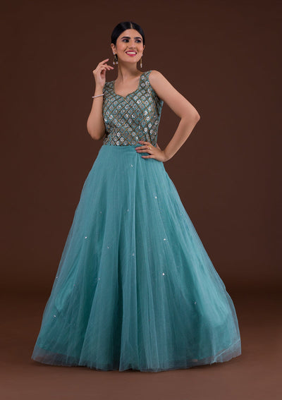 Sea Green Mirrorwork Net Gown-Koskii