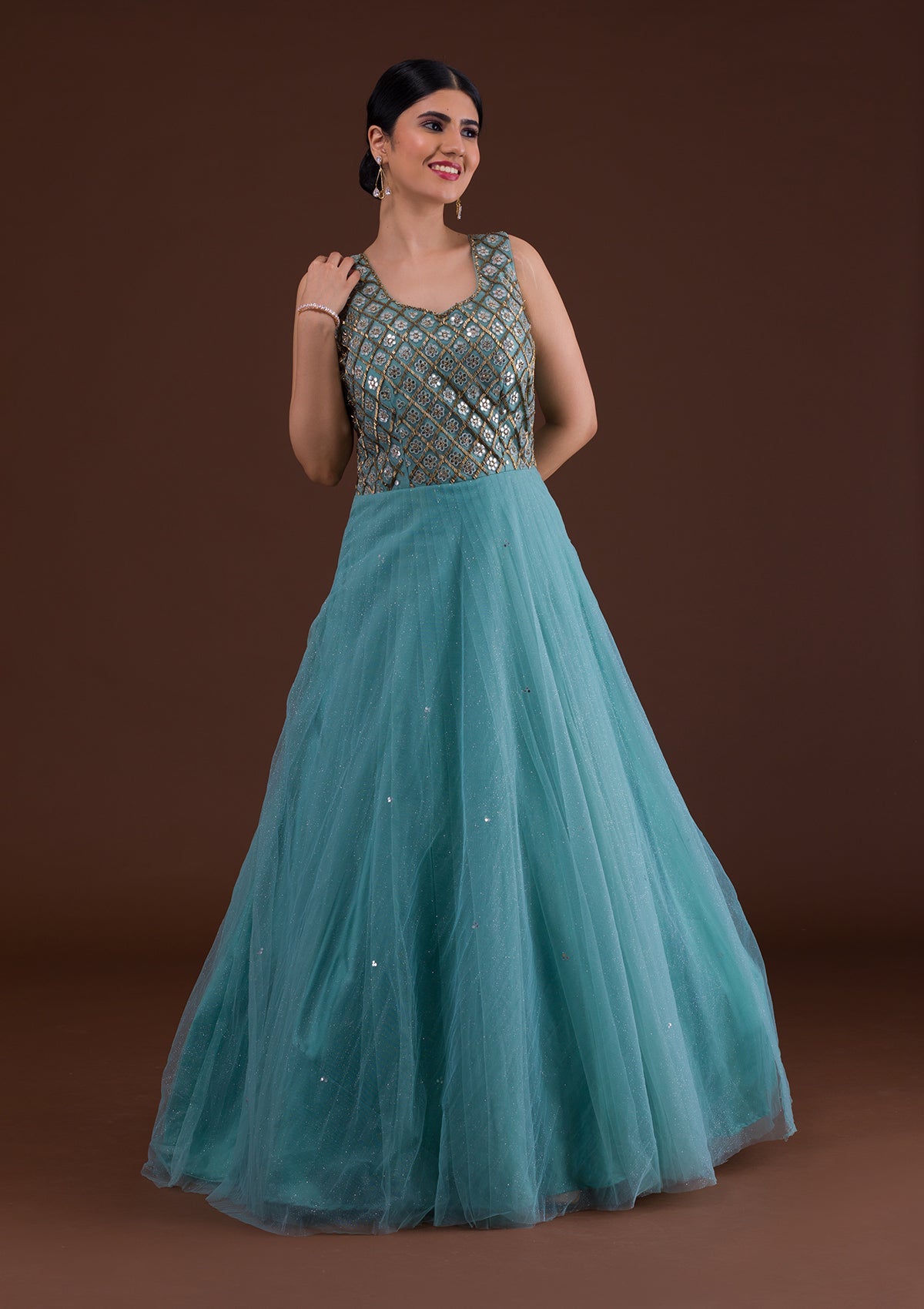 Sea Green Mirrorwork Net Gown-Koskii