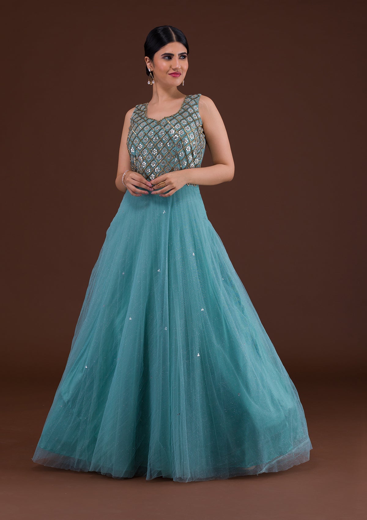 Sea Green Mirrorwork Net Gown-Koskii