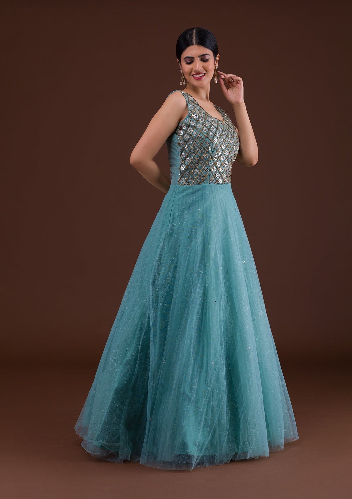 Sea Green Mirrorwork Net Gown-Koskii